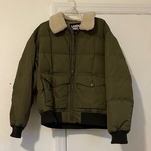 Lands' End Men's Green Puffer Jacket with Cream Collar